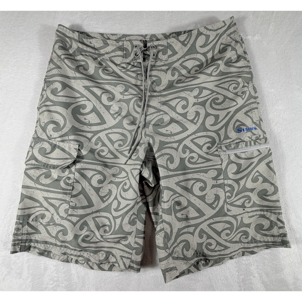 Simms Shorts Men's Sz 36 Tribal Gray Fishing Solarflex Cargo Board Geometric